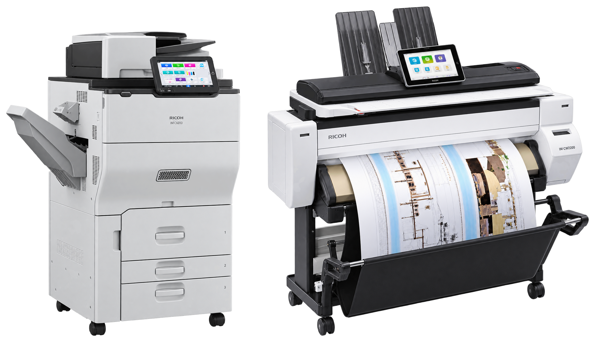 Ricoh IM C6010 multifunction copier and Ricoh IM CW2200 wide-format printer, side by side